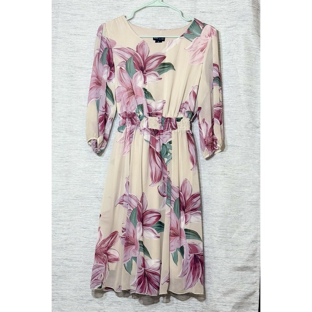 Kate & Lily Cream Pink Floral Smocked Waist Midi Dress Sheer Long Sleeves Size 6